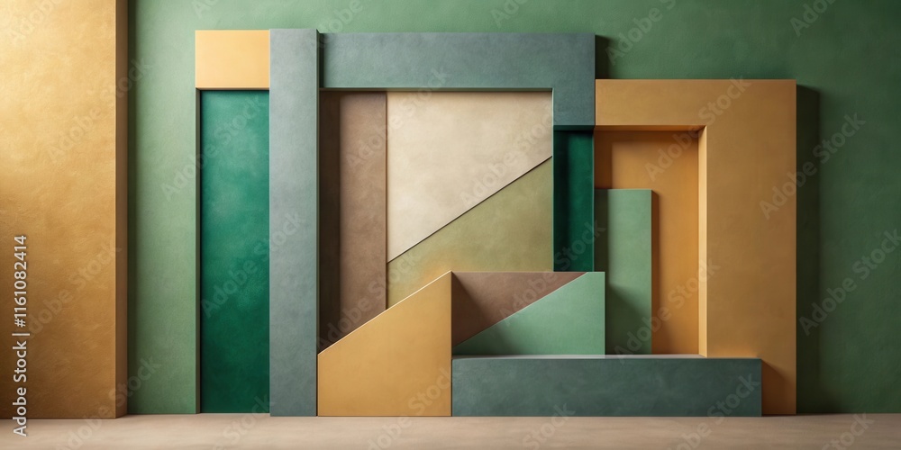 Poster abstract geometric background featuring a minimalist display platform with varying shades of green, 