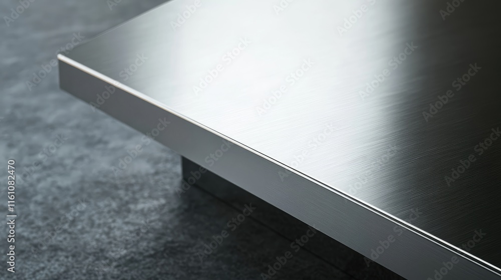 Poster polished steel edge on a gray surface creating a sleek and modern aesthetic with empty copyspace for