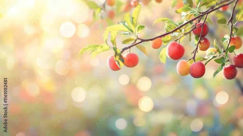Poster ripened red plums on a sunlit tree branch creating a vibrant contrast with a blurred nature backgrou