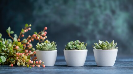 String of Pearls Succulent Plants in White Ceramic Pots with Decorative Branches on Dark Textured Background