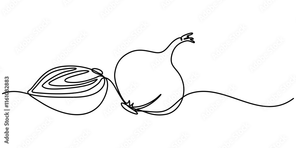 Poster two bulbs of onions. harvest. continuous line drawing. vector illustration, continuous one line draw