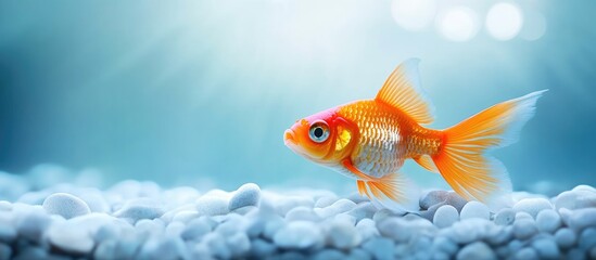 Fototapeta premium Close up of a vibrant goldfish swimming in a calm aquarium environment with soft lighting and empty space for text or design elements
