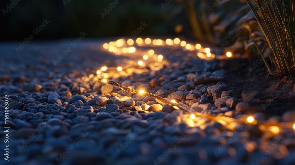 Poster string lights creating a warm ambiance along a gravel pathway in a tranquil garden setting during ni