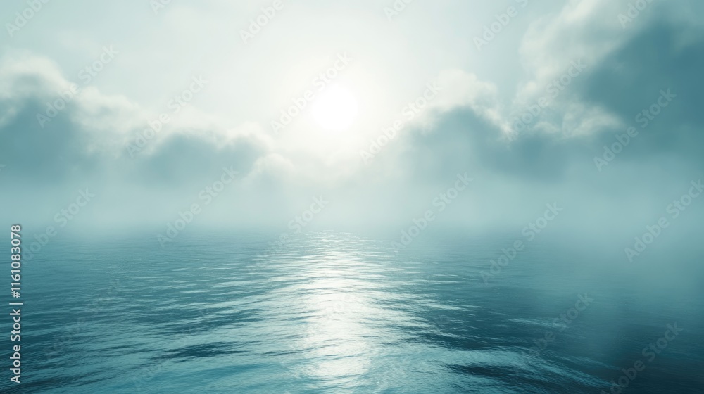 Poster serene ocean landscape with volumetric fog and mist under a bright sky creating a dreamy atmospheric