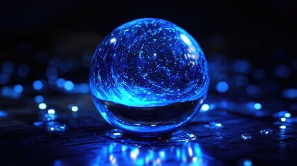 Blue Light Sphere in a Volumetric Space with Glowing Effects and Sparkling Reflections on a Dark Surface
