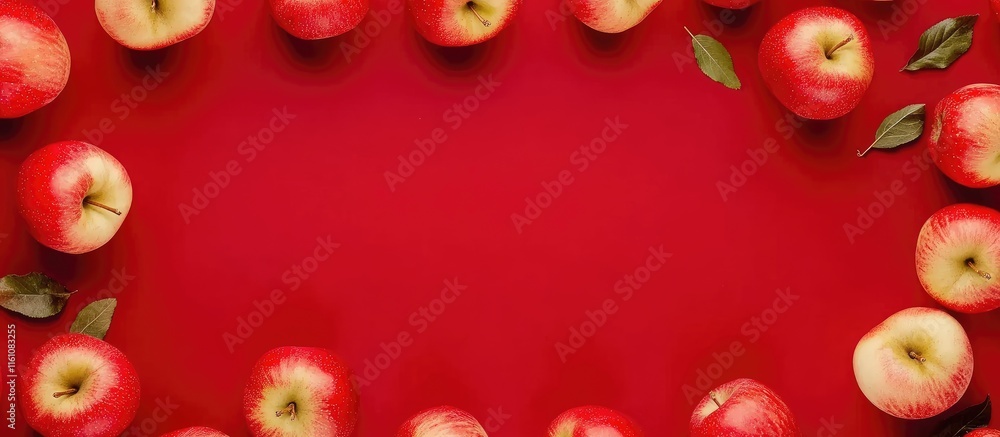 Poster top view of fresh red apples arranged around a blank red background for text placement and branding 