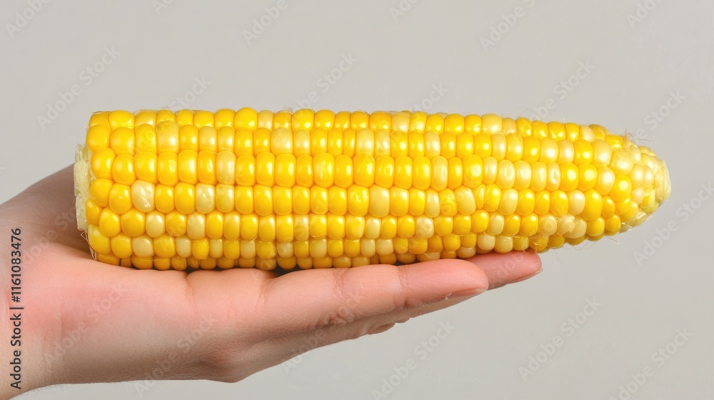 Poster hand holding a fresh ear of corn against a neutral background with ample empty copyspace for text or