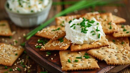 Healthy snack with sour cream, green onions, sesame seeds, cashews, and vegan dip.