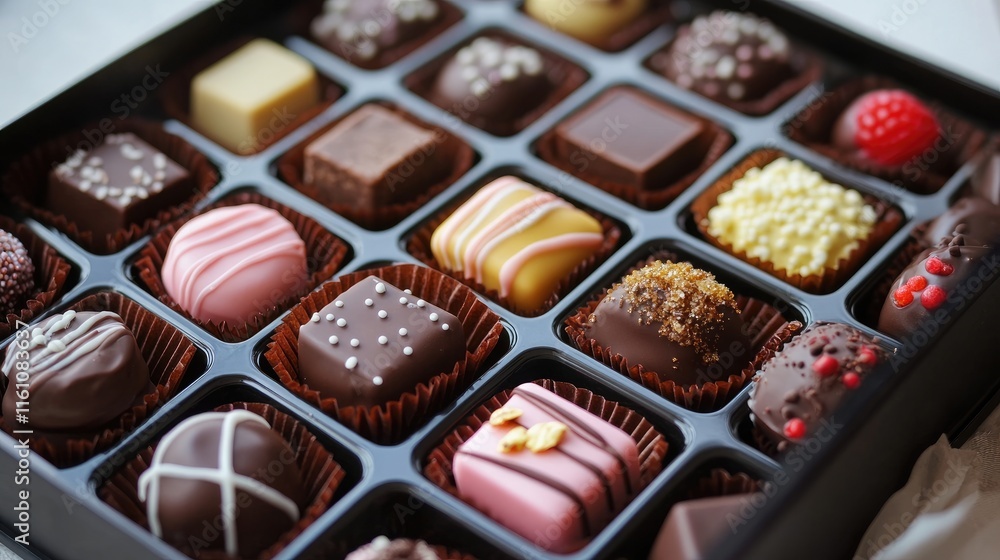 Poster chocolate confectionery production process with an assorted selection of gourmet sweets in a display