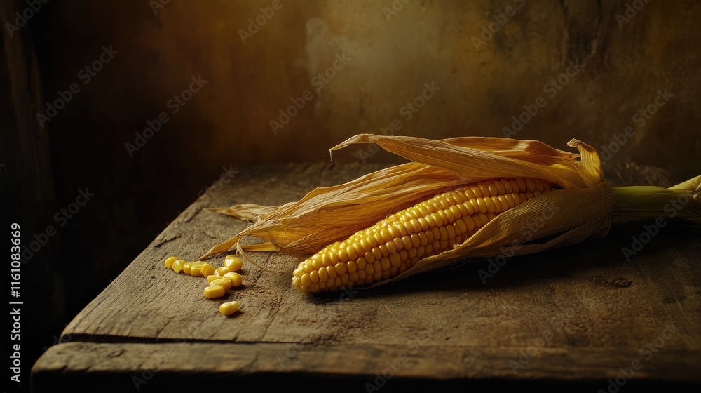 Poster golden corn on rustic wooden table with warm lighting and empty space for text or branding