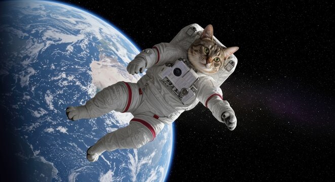 Cosmic Catnaut: A tabby cat floats serenely in a spacesuit against the backdrop of Earth.  A whimsical image blending feline charm with space exploration. 