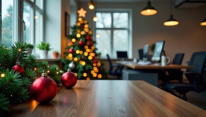 Festive office with Christmas decorations and balls in the corner, holiday decoration, office decor
