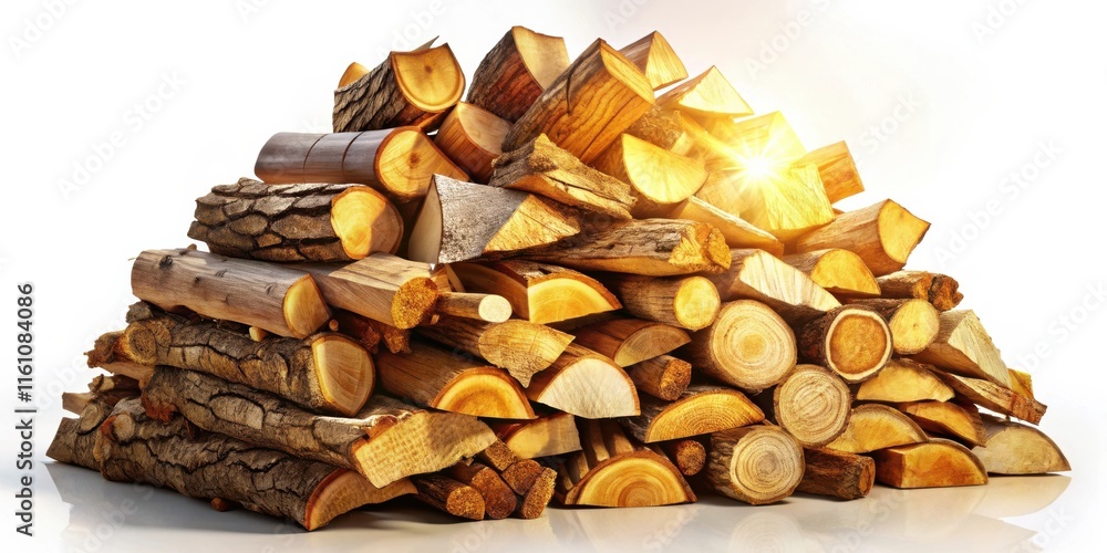 Poster stack of firewood ready for the fireplace with warm sun rays shining through the pile