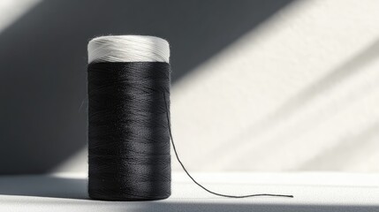 Black yarn spool with white thread casting a dramatic vertical shadow on a textured surface in soft natural lighting.