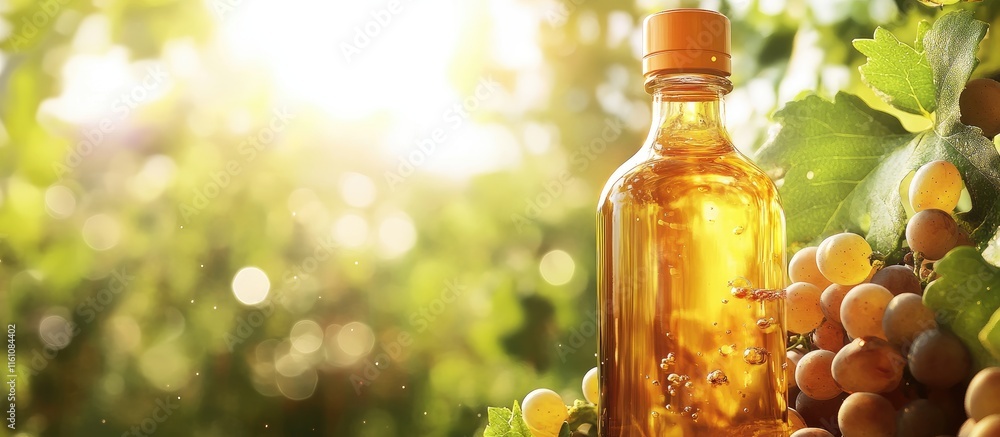 Poster wine bottle mockup surrounded by grapes and vineyard backdrop showcasing pouring juice with space fo