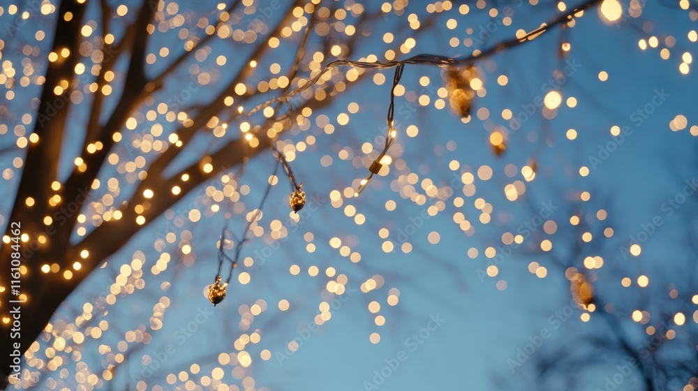 Poster glowing string lights beautifully illuminating a tree against a serene blue sky creating a magical e