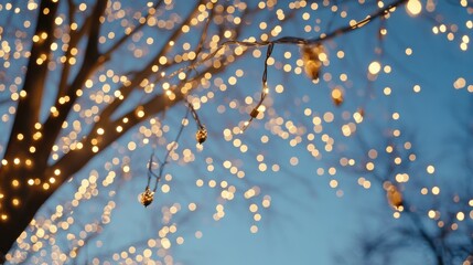Glowing string lights beautifully illuminating a tree against a serene blue sky creating a magical evening atmosphere