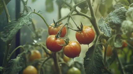 Ripening tomatoes on a vine in a lush greenhouse setting with soft light highlighting their vibrant colors and fresh garden atmosphere