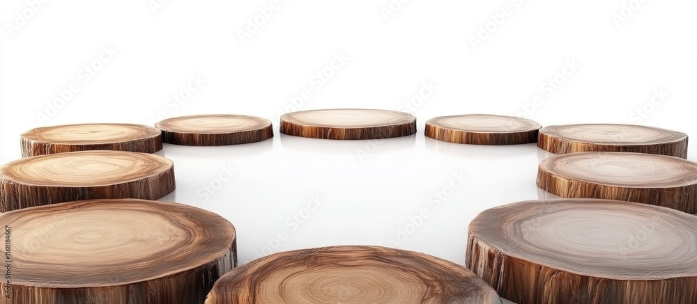 Poster walnut wood table slices arranged in a circle on a white background with ample blank space for custo