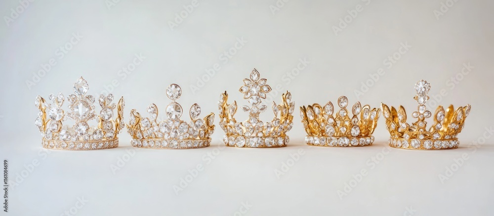 Poster collection of elegant gold crowns displayed on white background with space for custom text and desig