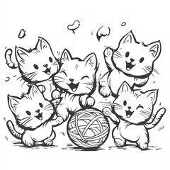 Playful Kitten Crew: A whimsical illustration of four adorable kittens playing with a ball of yarn, capturing the joy and energy of feline friendship.  