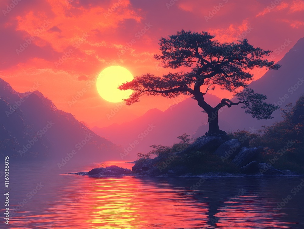 Wall mural A serene sunset landscape with a lone tree by the water, reflecting vibrant colors.