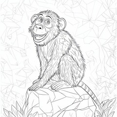 Fototapeta premium Cheerful Jungle Monkey: A playful and charming monkey sits on a rock, surrounded by lush foliage, in a detailed line art illustration perfect for coloring books, nature-themed projects.