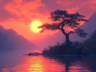 Gardinen A serene sunset landscape with a lone tree by the water, reflecting vibrant colors. © Nana