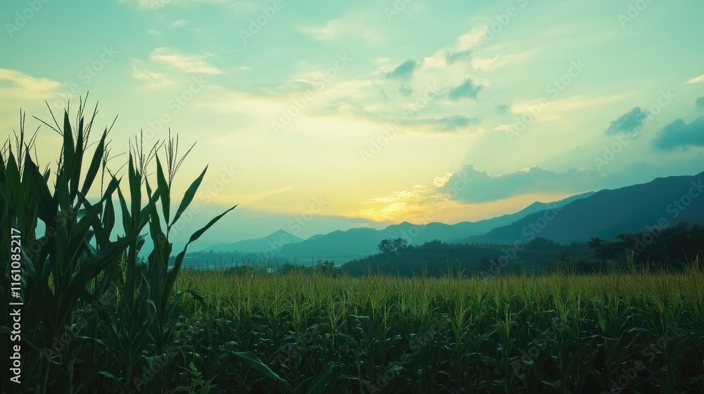 Poster serene cornfield against dramatic sky at sunset with empty copyspace for text and design elements