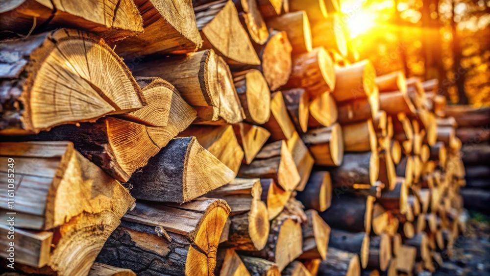 Poster a close-up view of a stack of logs, illuminated by the warm glow of the setting sun, showcasing the 