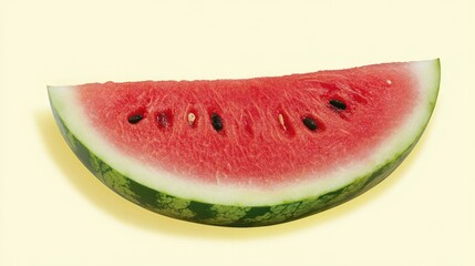 Fresh watermelon slice on a vibrant yellow background showcasing juicy red flesh and distinctive black seeds for summer culinary themes.
