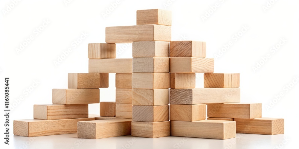 Poster A series of wooden blocks arranged in a complex and creative structure, showcasing the potential for building, design, and imagination.