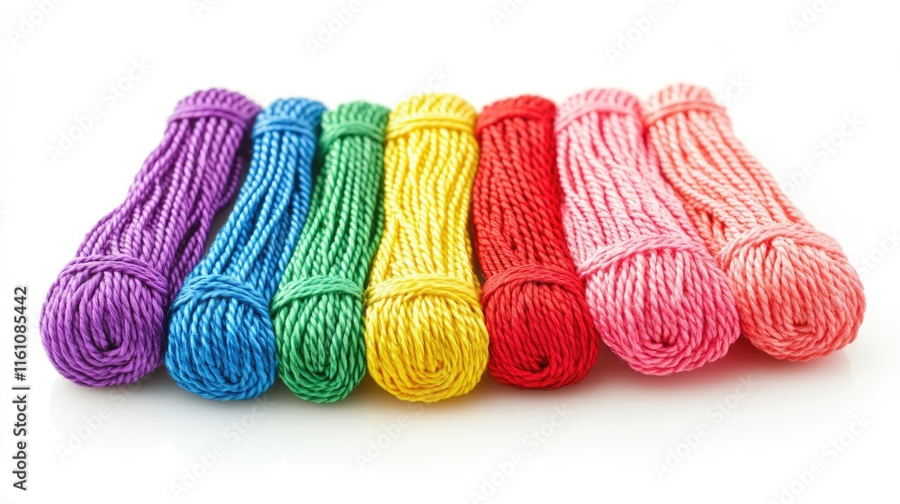 Poster colorful twisted string bundles isolated on white background for crafting and artistic projects