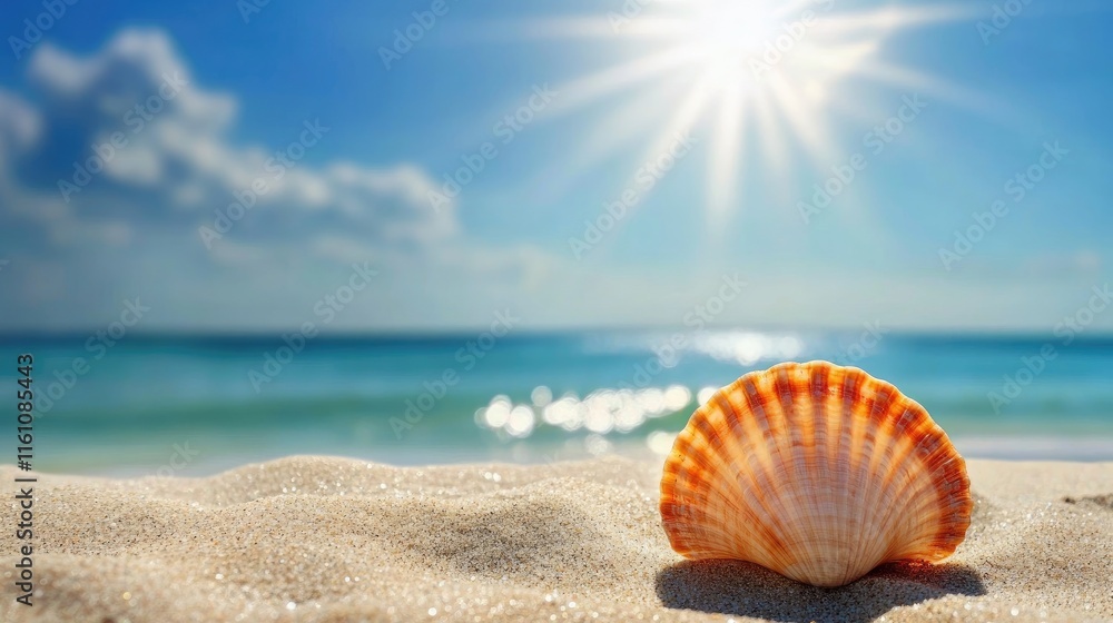 Poster seashell on sandy beach illuminated by the sun with ocean in the background creating a tranquil coas