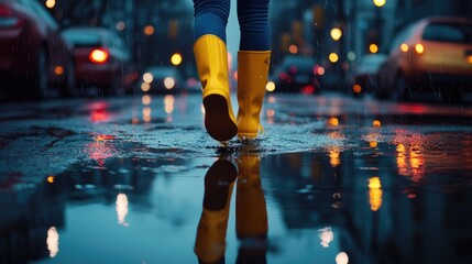 Fototapeta premium Colorful street scene with person in yellow rain boots splashing through puddles on a rainy day reflecting city lights and vibrant colors