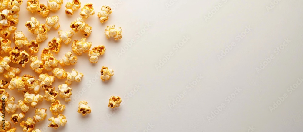 Poster golden popcorn kernels isolated on white background with ample space for text and creative food phot
