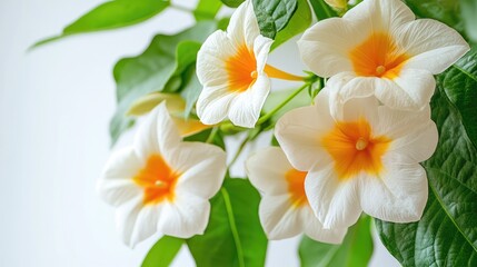 Obraz premium Elegant White Thunbergia Blossoms with Vibrant Orange Accents on a Soft White Background in Natural Daylight