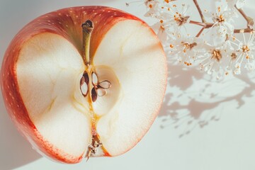 A sliced apple reveals its seeds, accompanied by delicate white blossoms.