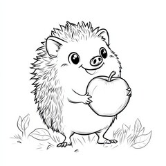 Hedgehog's Delight: An adorable hedgehog, rendered in playful line art, clutches a juicy apple amidst delicate foliage, exuding charm and whimsy.