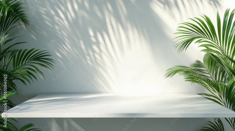 Aufkleber product showcase table under palm tree shade with soft light casting shadows on a minimalist backgro