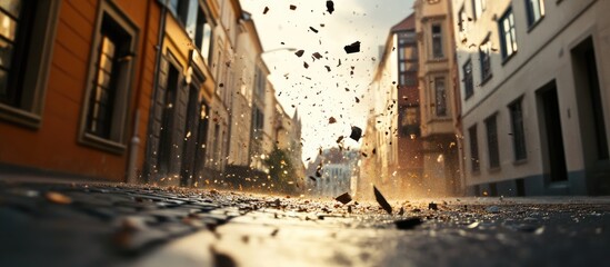 Dynamic street scene with flying debris under windy conditions and space for text for advertising or promotional use