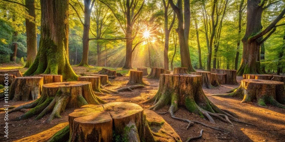 Poster Sunlight filtering through a forest canopy illuminates a clearing filled with tree stumps, a reminder of the cycle of life and death in nature