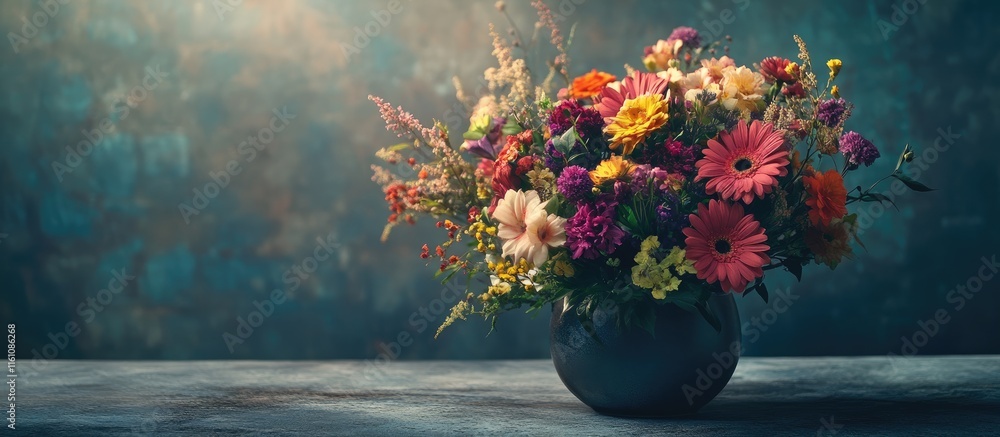 Poster colorful floral arrangement in a vase on a textured background with ample negative space for adding 