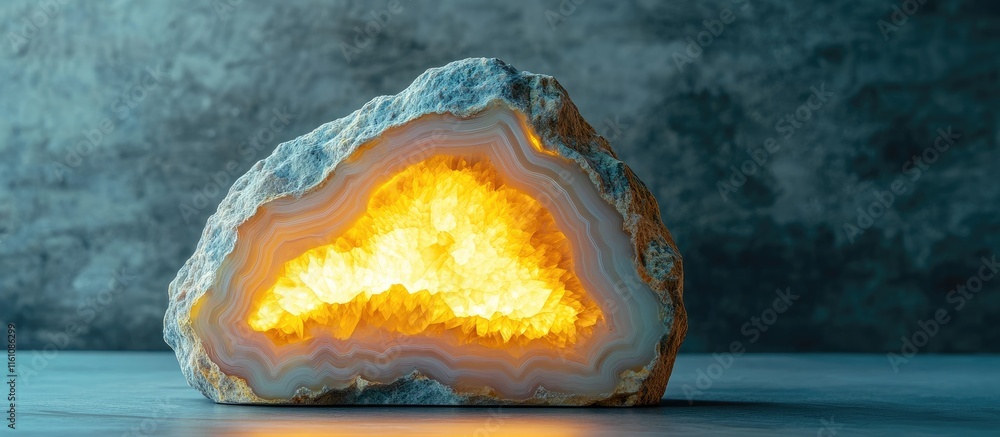 Poster illuminated agate stone sculpture showcasing vibrant colors with a soft glow and empty space for tex
