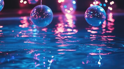 Disco balls reflecting light above a vibrant pool creating a lively festival atmosphere at a music concert event