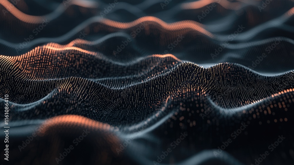 Poster Abstract Waves of Digital Binary Data with Glowing Particles and Rippled Texture in Dark Background