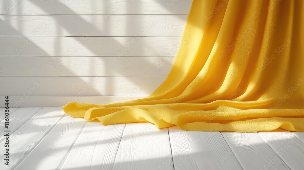 Aufkleber bright yellow fabric draped on white wooden surface illuminated by sunlight creating soft shadows fo