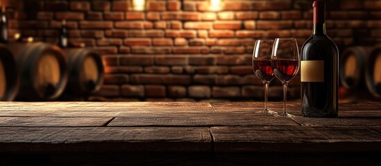 Wine Cellar Interior with Wooden Table Wine Bottle and Glasses Perfect for Text Overlay or Promotional Use
