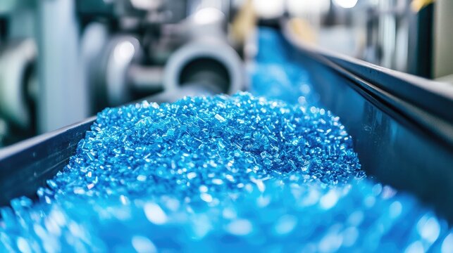 Recycled optical granules on conveyor belt showcasing the final stage of the plastic recycling process in a modern facility