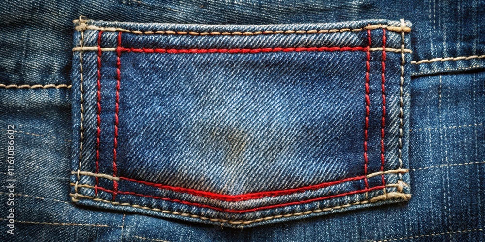 Poster a close-up view of denim fabric with a red stitched pocket detail, highlighting the intricate weavin